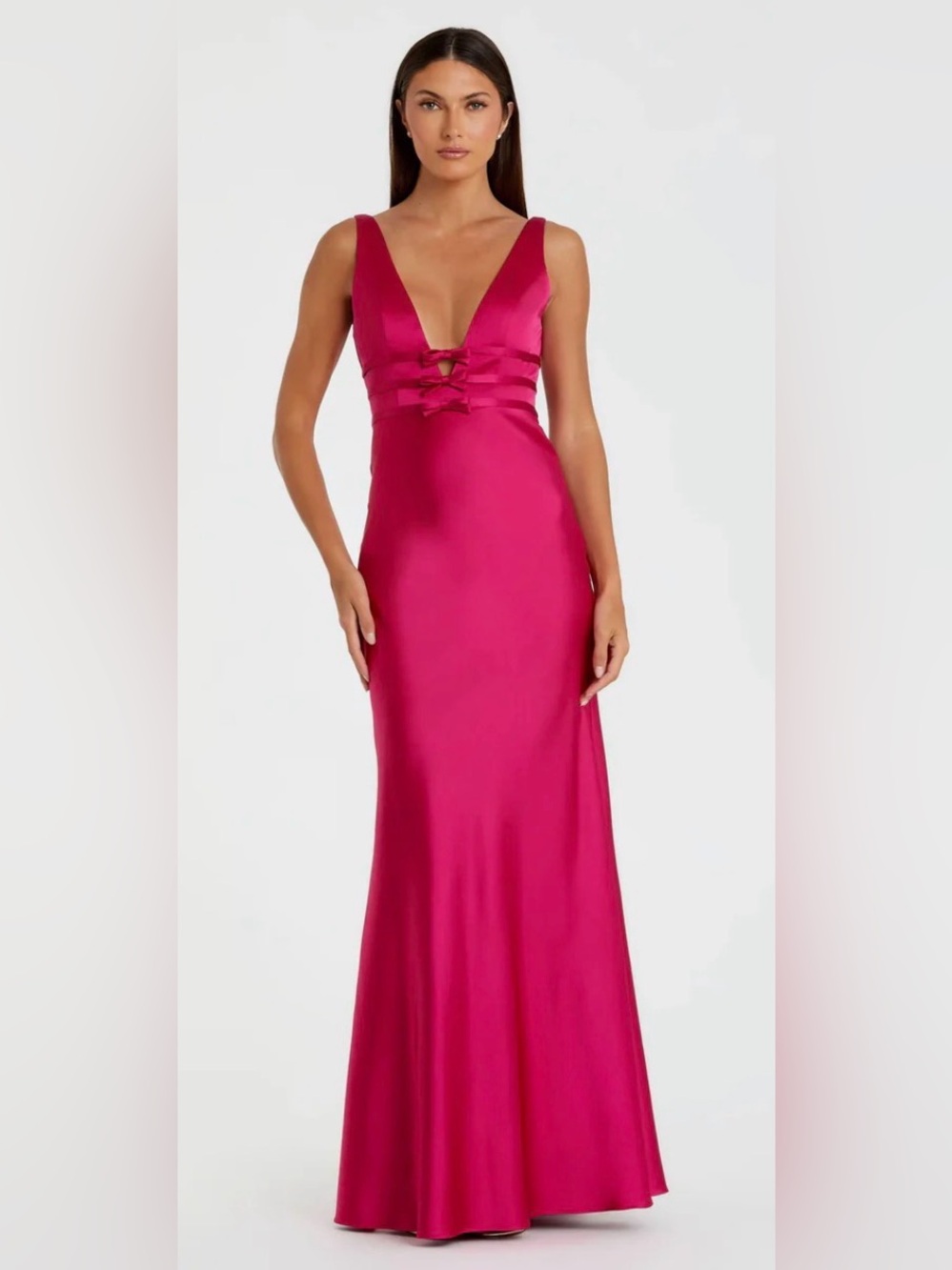 Mac Duggal Raspberry Sleeveless V-Neck Satin Gown with Bow Details